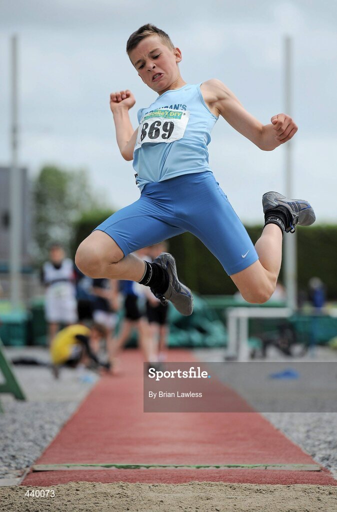 4 July 2010; Iarla Curtney, St. Brendan's, in action during the U13 Boy's Long Jump, during the Woodie's DIY AAI Juvenile Track & Field Championships. Tullamore Harriers Stadium, Tullamore, Co. Offaly. Picture credit: Brian Lawless / SPORTSFILE