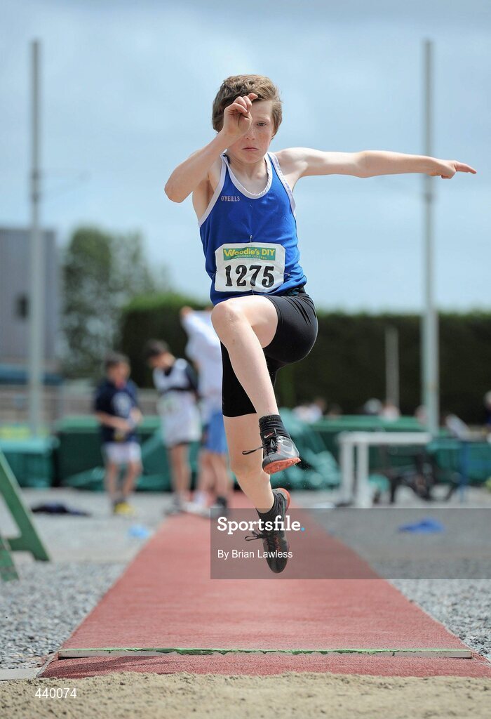 4 July 2010; Conor Diskin, Claremorris, in action during the U13 Boy's Long Jump, during the Woodie's DIY AAI Juvenile Track & Field Championships. Tullamore Harriers Stadium, Tullamore, Co. Offaly. Picture credit: Brian Lawless / SPORTSFILE
