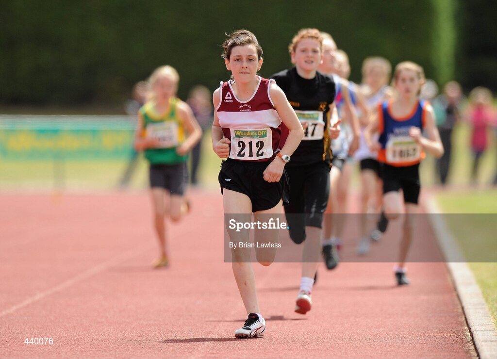 4 July 2010; Maeve McNulty, Mullingar Harriers, on her way to winning the U12 Girl's 600m, during the Woodie's DIY AAI Juvenile Track & Field Championships. Tullamore Harriers Stadium, Tullamore, Co. Offaly. Picture credit: Brian Lawless / SPORTSFILE