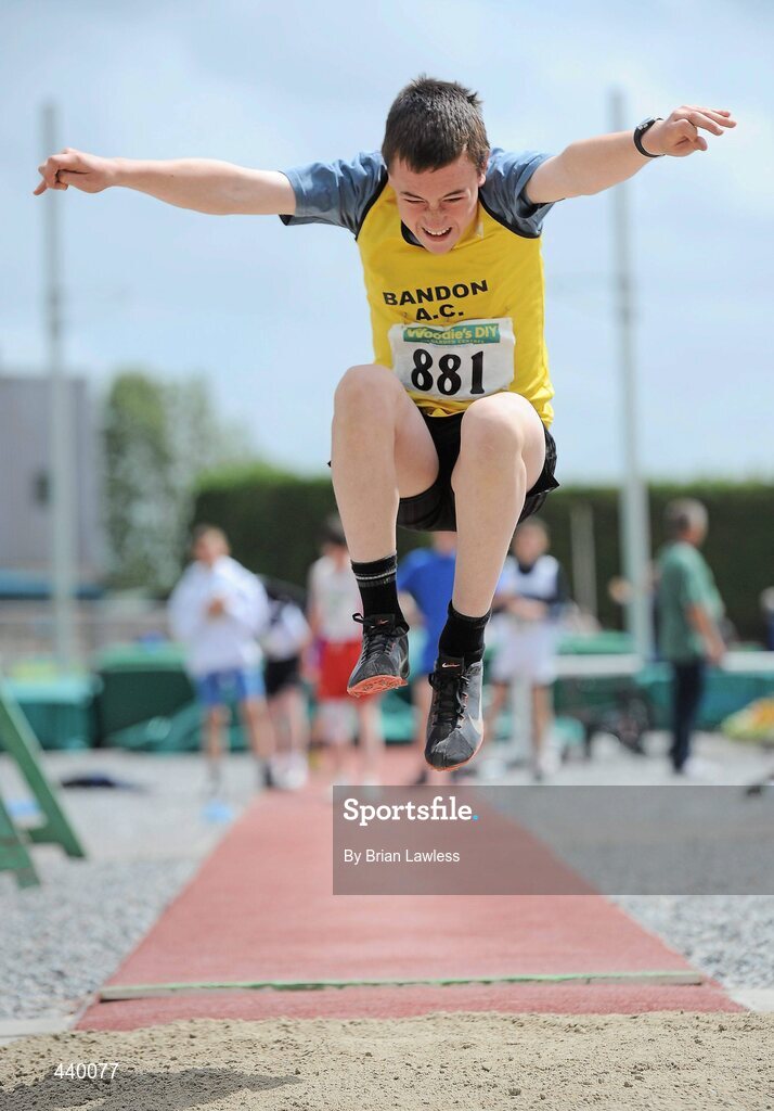 4 July 2010; Matthew Draper, Bandon, in action during the U13 Boy's Long Jump, during the Woodie's DIY AAI Juvenile Track & Field Championships. Tullamore Harriers Stadium, Tullamore, Co. Offaly. Picture credit: Brian Lawless / SPORTSFILE