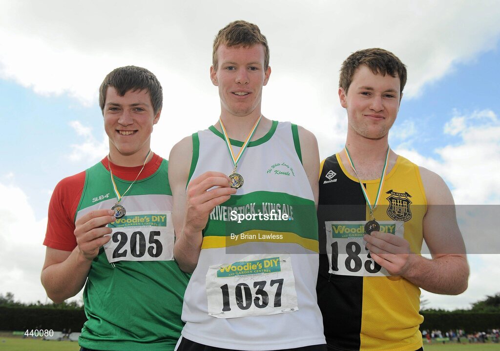 4 July 2010; Winner of the U19 Boy's Shot Putt Diarmuid Hickey, Riverstick/Kinsale, centre, with second place, Conal Campion, St. Andrews, left, and Peter Walsh, Kilkenny City Harriers, during the Woodie's DIY AAI Juvenile Track & Field Championships. Tullamore Harriers Stadium, Tullamore, Co. Offaly. Picture credit: Brian Lawless / SPORTSFILE