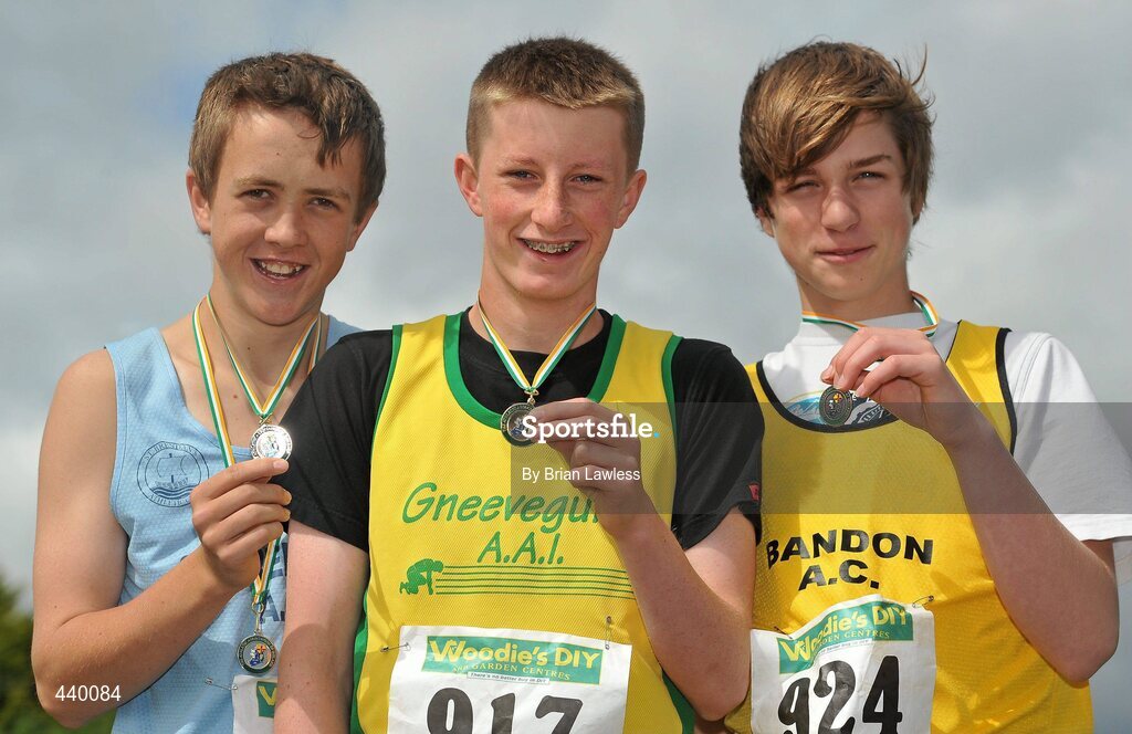 4 July 2010; Winner of the U15 Boy's Pole Vault Mel O'Callaghan, Gneeveguilla, centre, with second place Pa Gilbert, St. Brendan's, left, and third place Fintan O'Shaugnessy, Bandon, during the Woodie's DIY AAI Juvenile Track & Field Championships. Tullamore Harriers Stadium, Tullamore, Co. Offaly. Picture credit: Brian Lawless / SPORTSFILE
