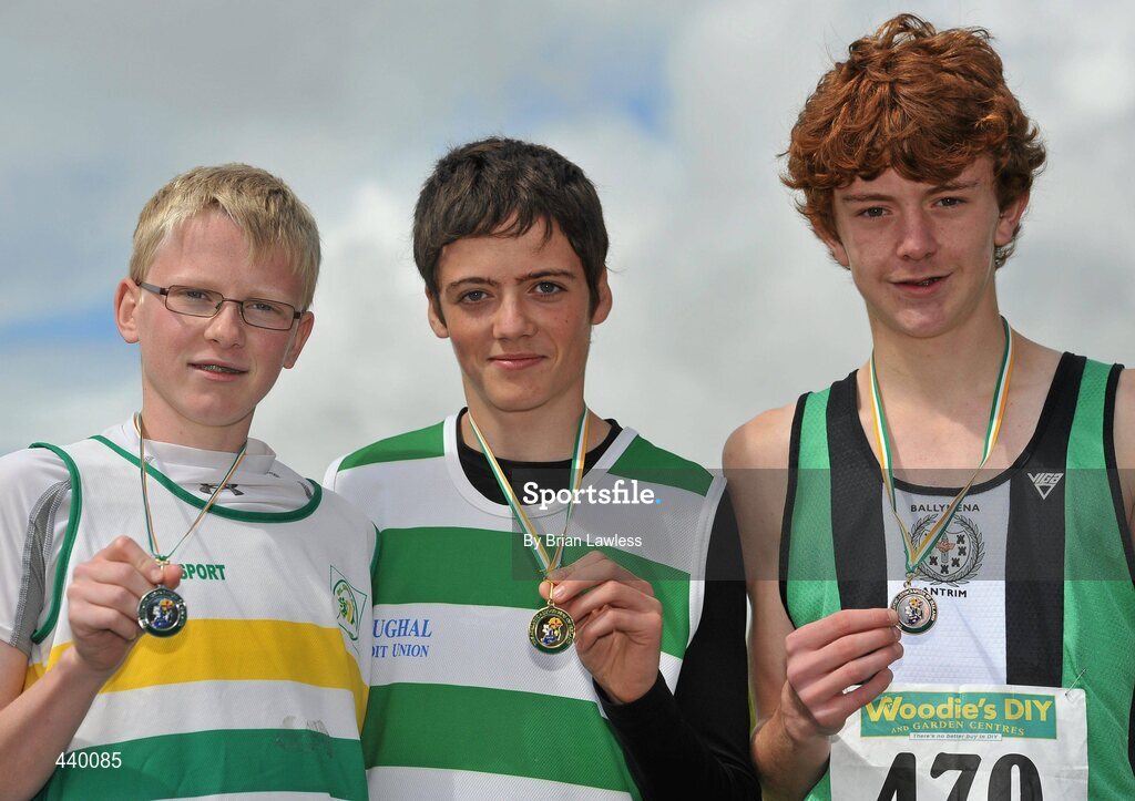 4 July 2010; Winner of the U16 Boy's Pole Vault Lee Curley, Youghal, centre, with second place James Delaney, St. Abbans, left, and third place Stewart Gault, Ballymena & Antrim, during the Woodie's DIY AAI Juvenile Track & Field Championships. Tullamore Harriers Stadium, Tullamore, Co. Offaly. Picture credit: Brian Lawless / SPORTSFILE