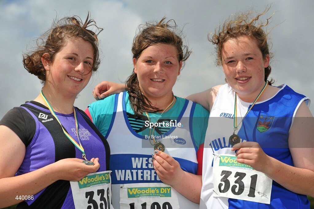 4 July 2010; Winner of the U18 Girl's Discus Zoe Scanlon, West Waterford, centre, with second place Emma Owens, St. Pauls, left, and third place Kelly Cunningham, Tullamore Harriers, during the Woodie's DIY AAI Juvenile Track & Field Championships. Tullamore Harriers Stadium, Tullamore, Co. Offaly. Picture credit: Brian Lawless / SPORTSFILE