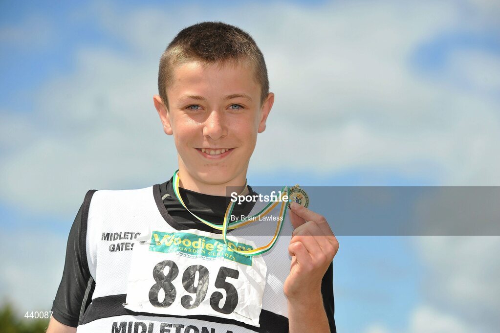 4 July 2010; Winner of the U14 Boy's Javelin Seadnaidh Smyth, Midleton, with his Gold medal, during the Woodie's DIY AAI Juvenile Track & Field Championships. Tullamore Harriers Stadium, Tullamore, Co. Offaly. Picture credit: Brian Lawless / SPORTSFILE