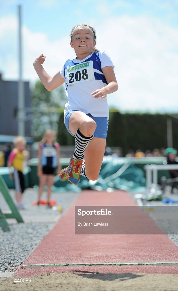 4 July 2010; Molly Scott, St. L. O'Toole, in action during the U12 Girl's Long Jump, during the Woodie's DIY AAI Juvenile Track & Field Championships. Tullamore Harriers Stadium, Tullamore, Co. Offaly. Picture credit: Brian Lawless / SPORTSFILE