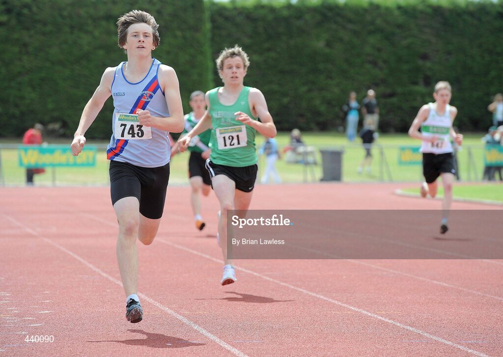 4 July 2010; Kevin Lynch, Dundrum south Dublin, on his way to winning his heat in the U17 Boy's 400m, during the Woodie's DIY AAI Juvenile Track & Field Championships. Tullamore Harriers Stadium, Tullamore, Co. Offaly. Picture credit: Brian Lawless / SPORTSFILE