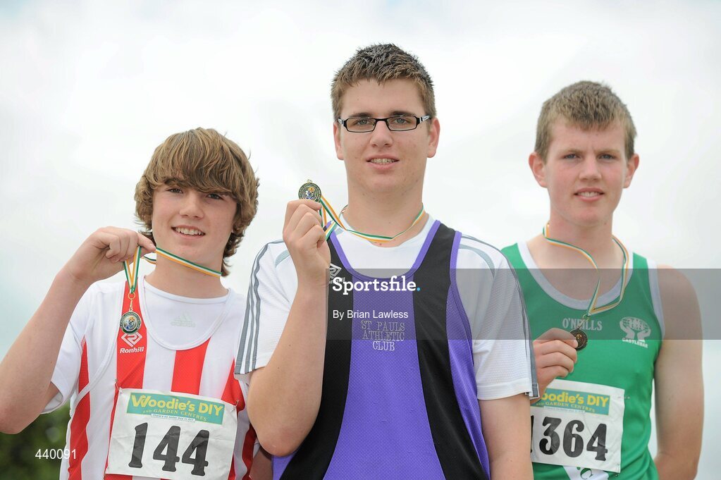 4 July 2010; Winner of the U17 Boy's Hammer, Kieran Murphy, St. Paul's, centre, with second place Shane Aston, Trim, and third place Eamonn Regan, Castlebar, during the Woodie's DIY AAI Juvenile Track & Field Championships. Tullamore Harriers Stadium, Tullamore, Co. Offaly. Picture credit: Brian Lawless / SPORTSFILE