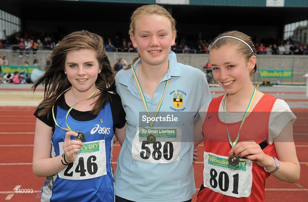 4 July 2010; Winner of the U14 Girl's Javelin Jacqui Burns, Cookstown High School, centre, with second place Lauren Finnegan, St. Peter's, left, and third place Tara Andrews, Dublin Striders, during the Woodie's DIY AAI Juvenile Track & Field Championships. Tullamore Harriers Stadium, Tullamore, Co. Offaly. Picture credit: Brian Lawless / SPORTSFILE