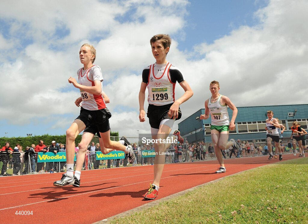 4 July 2010; Cian McBride, North Sligo, and William Crowe, North Sligo, left, in action during the U14 Boy's 800m Final, during the Woodie's DIY AAI Juvenile Track & Field Championships. Tullamore Harriers Stadium, Tullamore, Co. Offaly. Picture credit: Brian Lawless / SPORTSFILE
