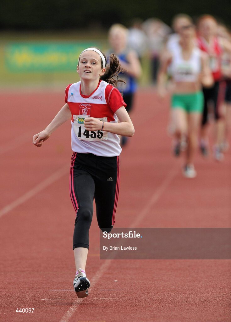 4 July 2010; Alanna Lally, Galway City Harriers, on her way to winning the U15 Girl's 800m Final, during the Woodie's DIY AAI Juvenile Track & Field Championships. Tullamore Harriers Stadium, Tullamore, Co. Offaly. Picture credit: Brian Lawless / SPORTSFILE