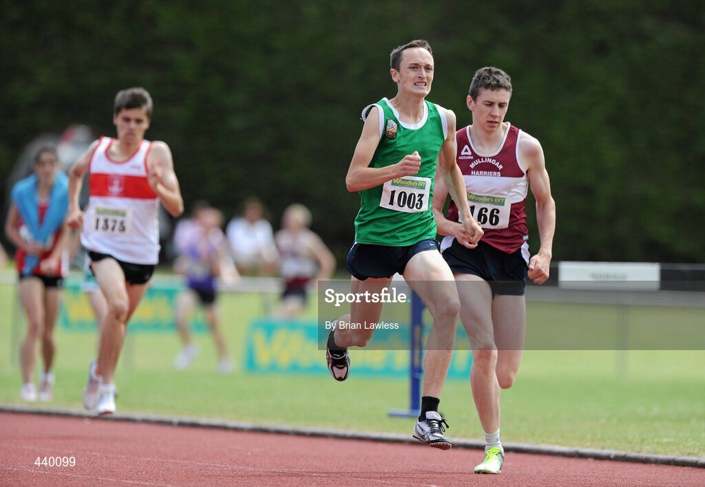 4 July 2010; Dean Cronin, Blarney/Inniscara, on his way to winning the U18 Boy's 800m, from second place Robert Yorke, Mullingar Harriers, right, during the Woodie's DIY AAI Juvenile Track & Field Championships. Tullamore Harriers Stadium, Tullamore, Co. Offaly. Picture credit: Brian Lawless / SPORTSFILE