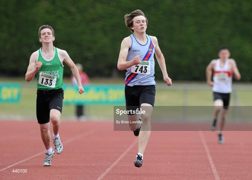 4 July 2010; Kevin Lynch, Dundrum South Dublin, on his way to winning the U17 Boy's 400m, from second place Eoin Murphy, Newbridge, during the Woodie's DIY AAI Juvenile Track & Field Championships. Tullamore Harriers Stadium, Tullamore, Co. Offaly. Picture credit: Brian Lawless / SPORTSFILE