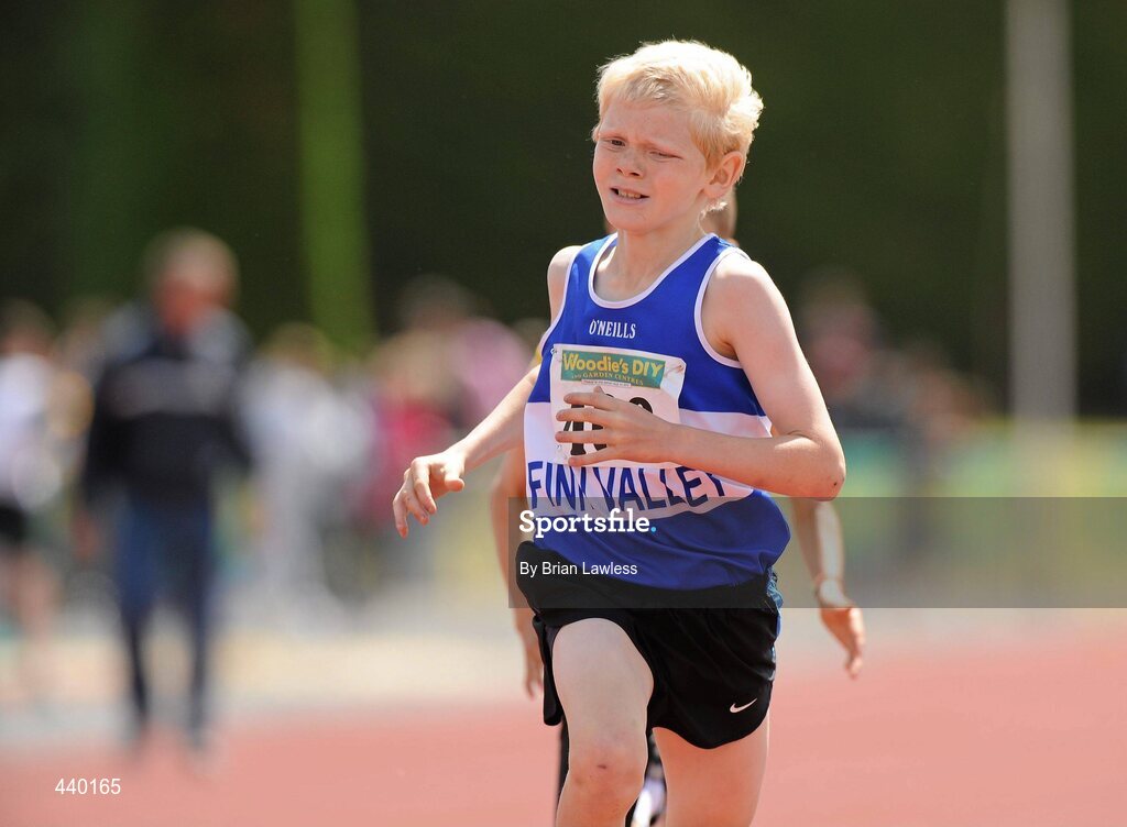 4 July 2010; Denver Kelly, Finn Valley, on his way to winning the U12 Boy's 600m, during the Woodie's DIY AAI Juvenile Track & Field Championships. Tullamore Harriers Stadium, Tullamore, Co. Offaly. Picture credit: Brian Lawless / SPORTSFILE