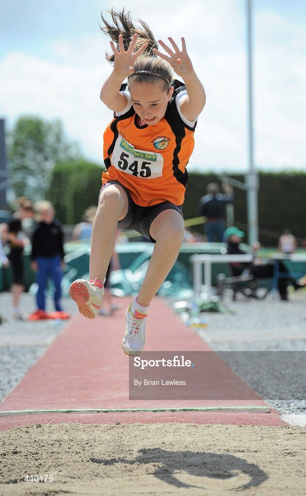 4 July 2010; Ailbhe O'Donnell, Rosses, in action during the U12 Girl's Long Jump, at the Woodie's DIY AAI Juvenile Track & Field Championships. Tullamore Harriers Stadium, Tullamore, Co. Offaly. Picture credit: Brian Lawless / SPORTSFILE