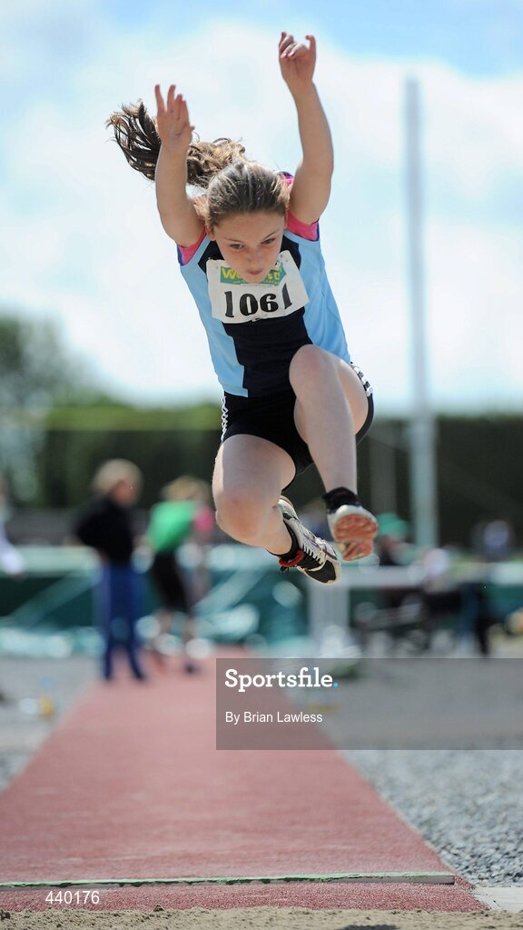 4 July 2010; Shauna Twomey, Carrick-on-Suir, in action during the U12 Girl's Long Jump, at the Woodie's DIY AAI Juvenile Track & Field Championships. Tullamore Harriers Stadium, Tullamore, Co. Offaly. Picture credit: Brian Lawless / SPORTSFILE