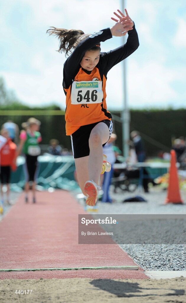 4 July 2010; Amy Hanna, Rosses, in action during the U12 Girl's Long Jump, at the Woodie's DIY AAI Juvenile Track & Field Championships. Tullamore Harriers Stadium, Tullamore, Co. Offaly. Picture credit: Brian Lawless / SPORTSFILE