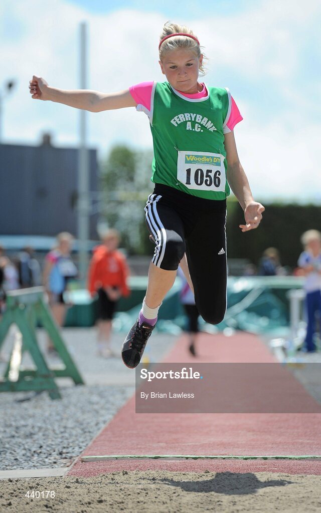 4 July 2010; Anne Corcoran, Ferrybank, in action during the U12 Girl's Long Jump, at the Woodie's DIY AAI Juvenile Track & Field Championships. Tullamore Harriers Stadium, Tullamore, Co. Offaly. Picture credit: Brian Lawless / SPORTSFILE