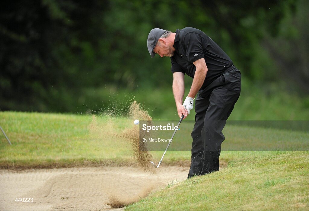 6 July 2010; Actor Aidan Quinn plays from a bunker onto the 4th green during the JP McManus Invitational Pro-Am. Adare Manor, Co. Limerick. Picture credit: Matt Browne / SPORTSFILE