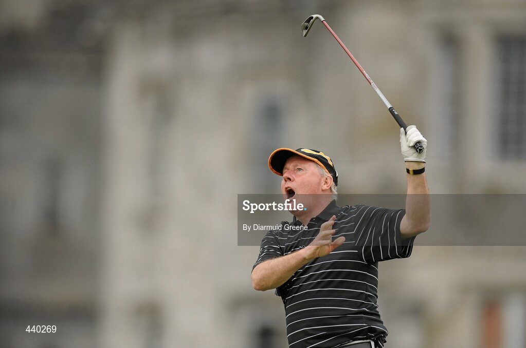 6 July 2010; Former Irish soccer international Liam Brady  shouts 'fore' after his tee shot on the 16th during the JP McManus Invitational Pro-Am. Adare Manor, Adare, Co. Limerick. Picture credit: Diarmuid Greene / SPORTSFILE