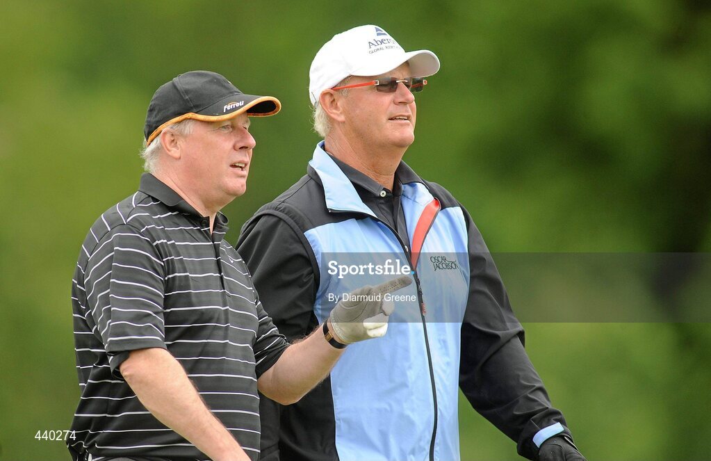 6 July 2010; Former Irish soccer international Liam Brady, left, with Sandy Lyle on the approach to the 15th green during the JP McManus Invitational Pro-Am. Adare Manor, Adare, Co. Limerick. Picture credit: Diarmuid Greene / SPORTSFILE