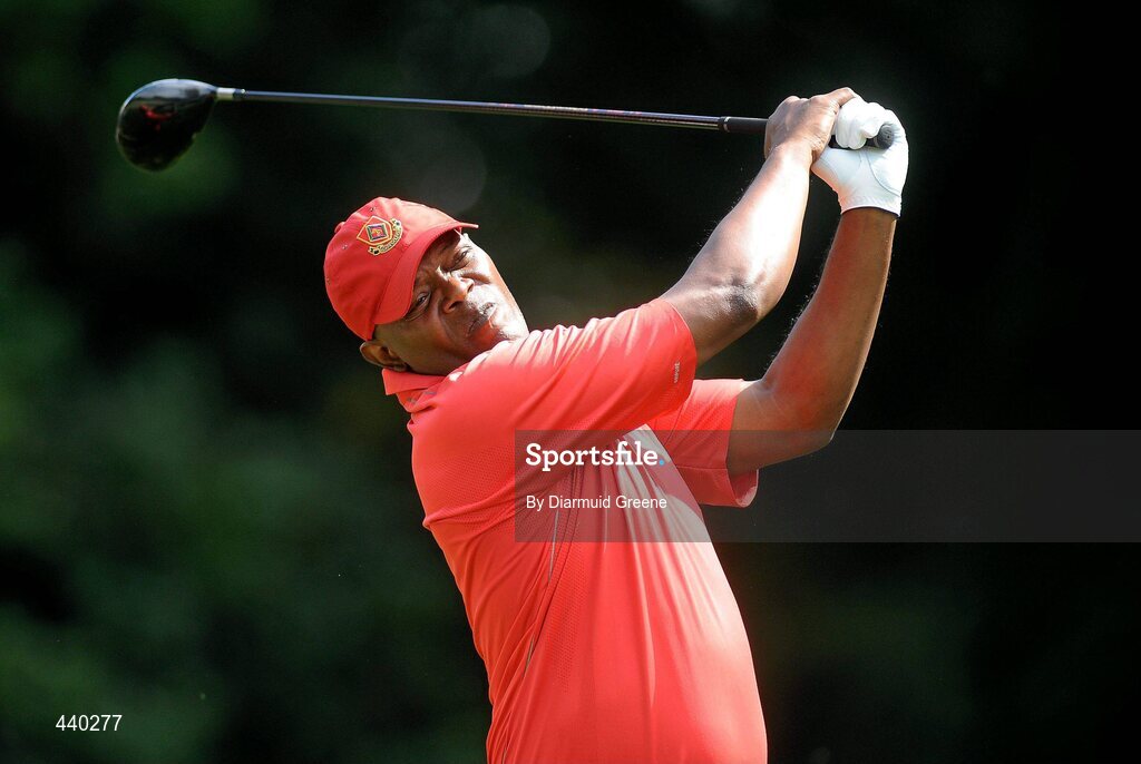 6 July 2010; Samuel L Jackson watches his drive on the 14th tee box during the JP McManus Invitational Pro-Am. Adare Manor, Adare, Co. Limerick. Picture credit: Diarmuid Greene / SPORTSFILE