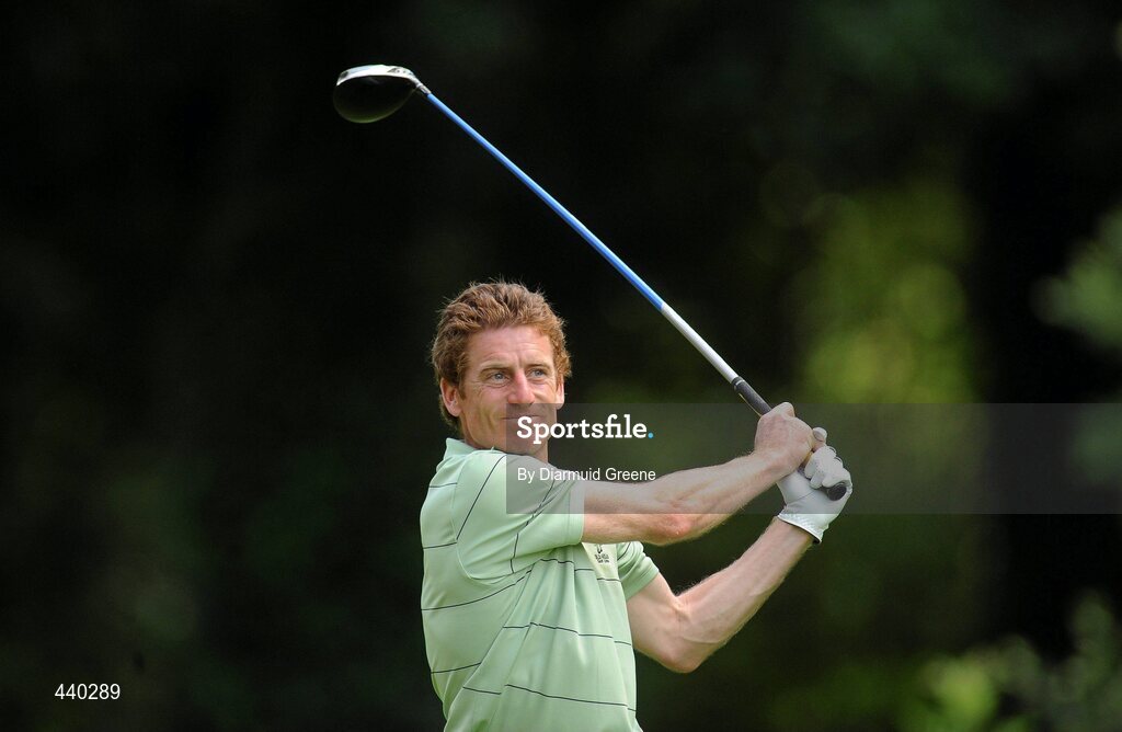 6 July 2010; Jockey Johnny Murtagh watches his tee shot on the 14th tee box during the JP McManus Invitational Pro-Am. Adare Manor, Adare, Co. Limerick. Picture credit: Diarmuid Greene / SPORTSFILE