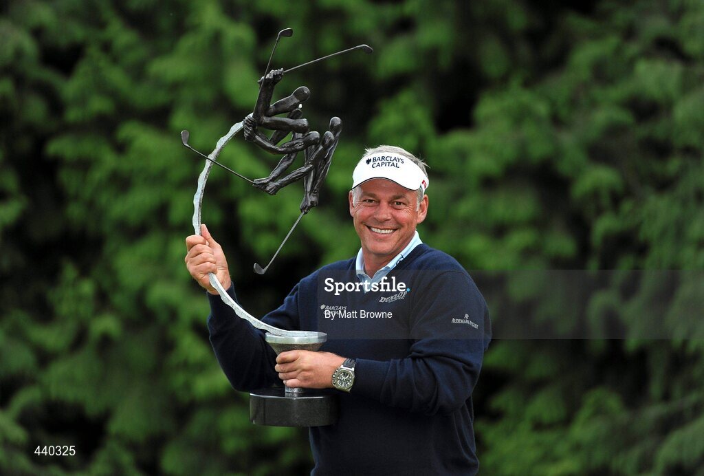 6 July 2010; Golfer Darren Clarke celebrates with the trophy after winning the JP McManus Invitational Pro-Am. Adare Manor, Co. Limerick. Picture credit: Matt Browne / SPORTSFILE