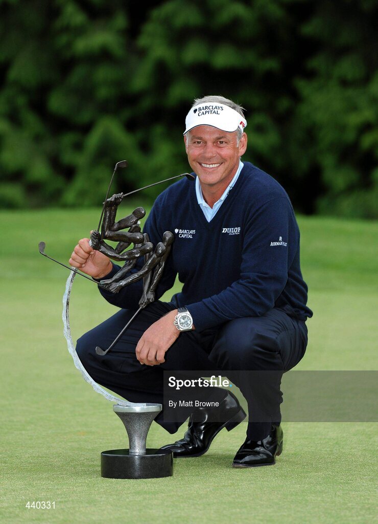 6 July 2010; Golfer Darren Clarke celebrates with the trophy after winning the JP McManus Invitational Pro-Am. Adare Manor, Co. Limerick. Picture credit: Matt Browne / SPORTSFILE