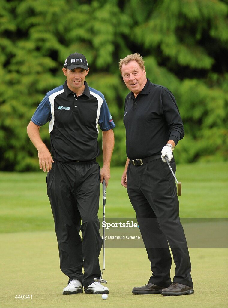 6 July 2010; Padraig Harrington, left, with Tottenham Hotspur manager Harry Redknapp on the 18th green during the JP McManus Invitational Pro-Am. Adare Manor, Adare, Co. Limerick. Picture credit: Diarmuid Greene / SPORTSFILE