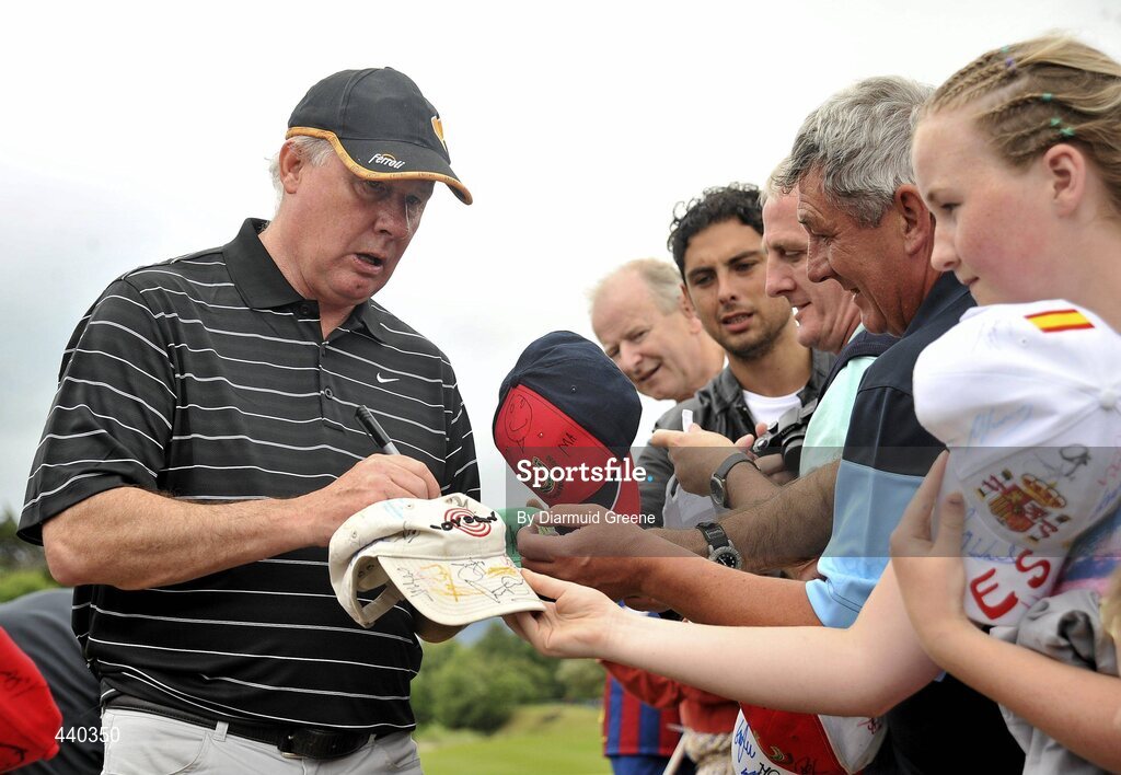 6 July 2010; Former Irish soccer international Liam Brady signs autographs for spectators during the JP McManus Invitational Pro-Am. Adare Manor, Adare, Co. Limerick. Picture credit: Diarmuid Greene / SPORTSFILE