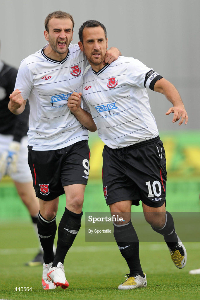 8 July 2010; Neale Fenn, Dundalk, right, celebrates scoring his side's first goal from the penalty spot with team-mate Fahrudin Kuduzovic. UEFA Europa League First Qualifying Round, 2nd Leg, Dundalk v CS Grevenmacher, Oriel Park, Dundalk, Co. Louth. Photo by Sportsfile