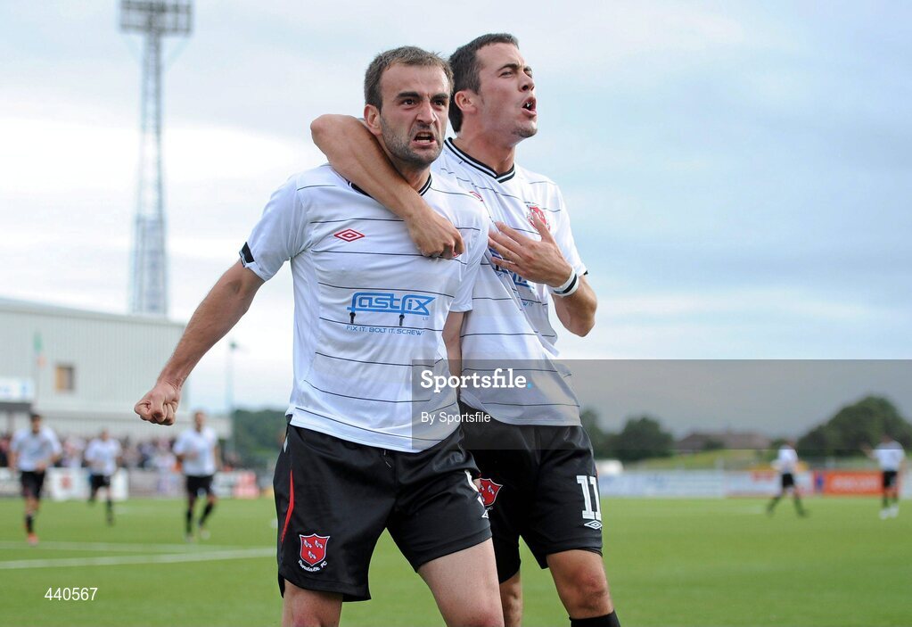8 July 2010; Fahrudin Kuduzovic, Dundalk, celebrates after scoring his side's 2nd goal with team-mate Ross Gaynor, right. UEFA Europa League First Qualifying Round, 2nd Leg, Dundalk v CS Grevenmacher, Oriel Park, Dundalk, Co. Louth. Photo by Sportsfile