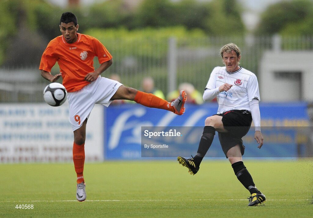 8 July 2010; Wayne Hatswell, Dundalk, in action against Adrien Baur, CS Grevenmacher. UEFA Europa League First Qualifying Round, 2nd Leg, Dundalk v CS Grevenmacher, Oriel Park, Dundalk, Co. Louth. Photo by Sportsfile