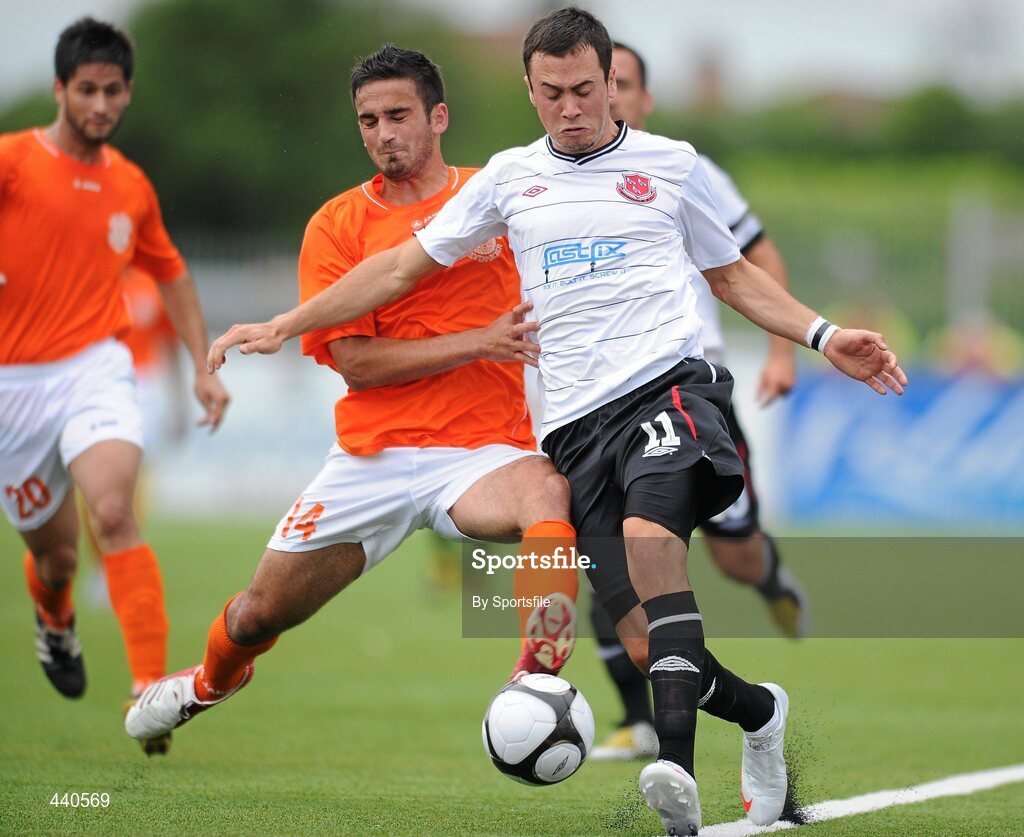 8 July 2010; Ross Gaynor, Dundalk, in action against Gabriel Pereira Gaspar, CS Grevenmacher. UEFA Europa League First Qualifying Round, 2nd Leg, Dundalk v CS Grevenmacher, Oriel Park, Dundalk, Co. Louth. Photo by Sportsfile