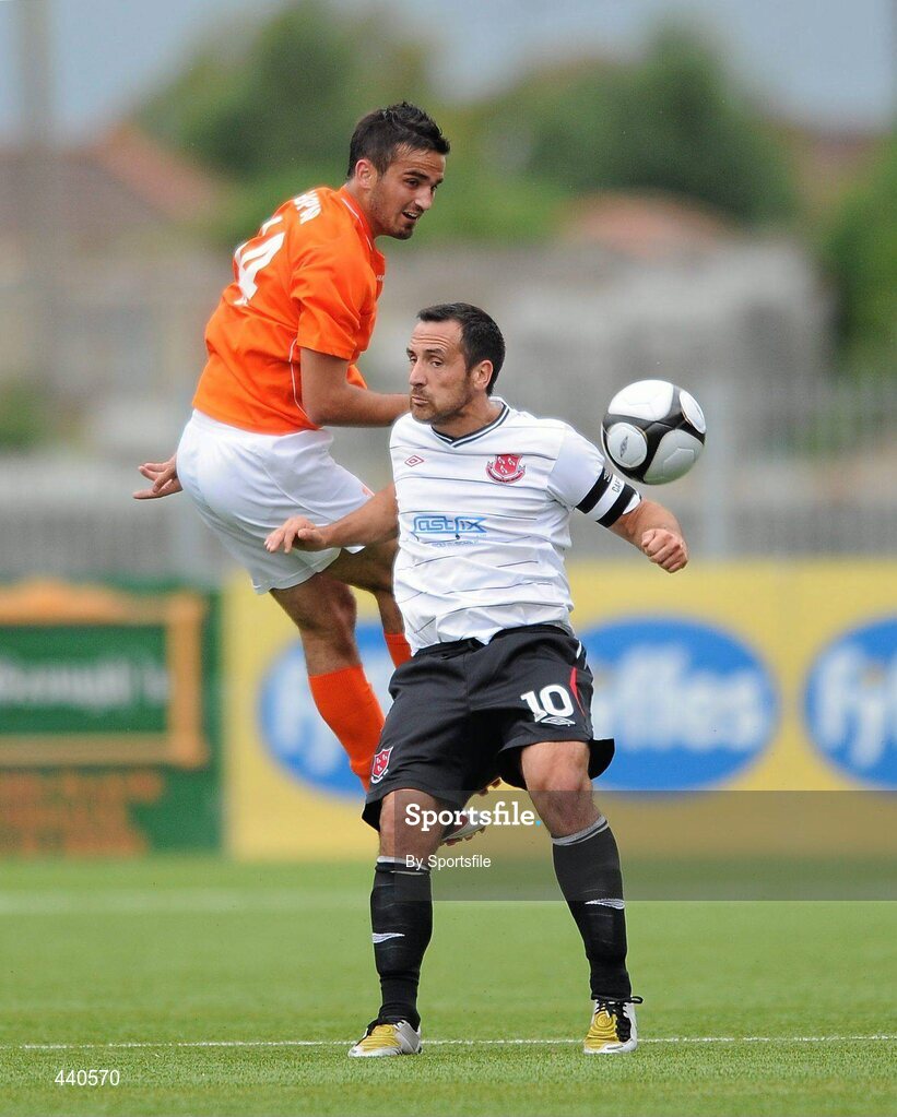 8 July 2010; Neale Fenn, Dundalk, in action against Gabriel Pereira Gaspar, CS Grevenmacher. UEFA Europa League First Qualifying Round, 2nd Leg, Dundalk v CS Grevenmacher, Oriel Park, Dundalk, Co. Louth. Photo by Sportsfile