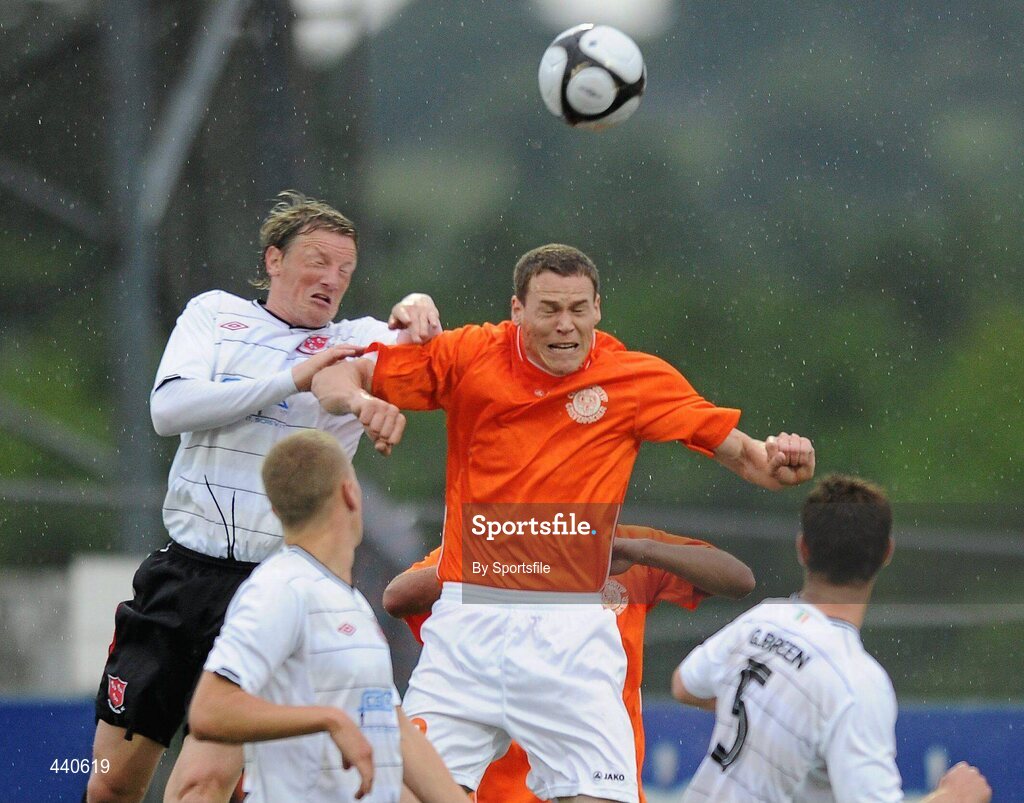 8 July 2010; Wayne Hatswell, Dundalk, in action against Tobias Lorig, CS Grevenmacher. UEFA Europa League First Qualifying Round, 2nd Leg, Dundalk v CS Grevenmacher, Oriel Park, Dundalk, Co. Louth. Photo by Sportsfile