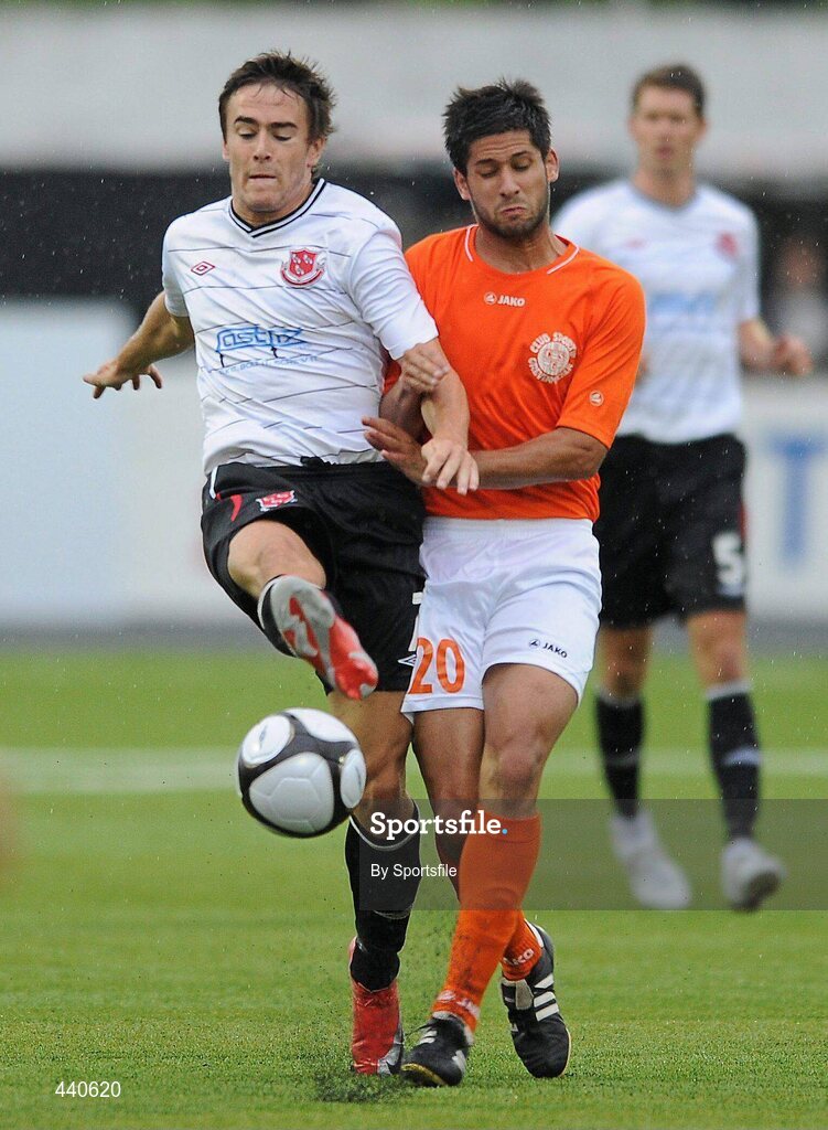 8 July 2010; Stephen Maher, Dundalk, in action against Bobby Mendes, CS Grevenmacher. UEFA Europa League First Qualifying Round, 2nd Leg, Dundalk v CS Grevenmacher, Oriel Park, Dundalk, Co. Louth. Photo by Sportsfile