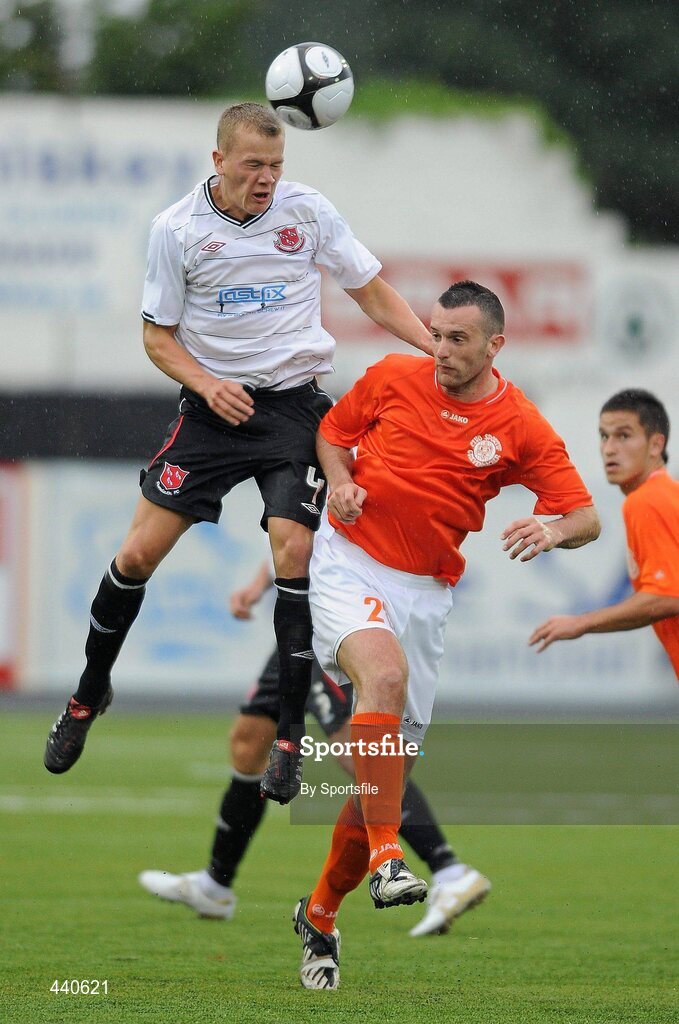 8 July 2010; Tom Miller, Dundalk, in action against Jonathan Furst, CS Grevenmacher. UEFA Europa League First Qualifying Round, 2nd Leg, Dundalk v CS Grevenmacher, Oriel Park, Dundalk, Co. Louth. Photo by Sportsfile