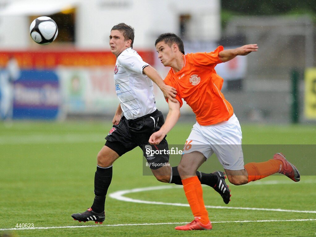 8 July 2010; Shaun Kelly, Dundalk, in action against Goncalo Almeida Da Silva, CS Grevenmacher. UEFA Europa League First Qualifying Round, 2nd Leg, Dundalk v CS Grevenmacher, Oriel Park, Dundalk, Co. Louth. Photo by Sportsfile