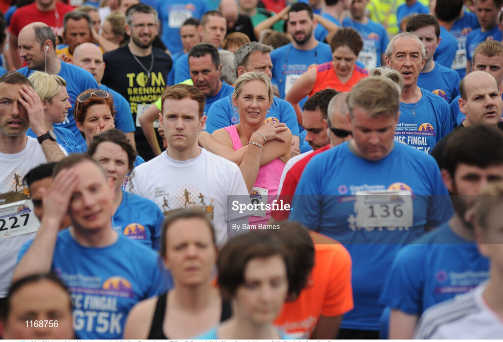 9 June 2016; A general view of the group warm up ahead of the Grant Thornton Corporate 5K Team Challenge at the National Sports Campus in Abbotstown, Dublin. Photo by Sam Barnes/Sportsfile