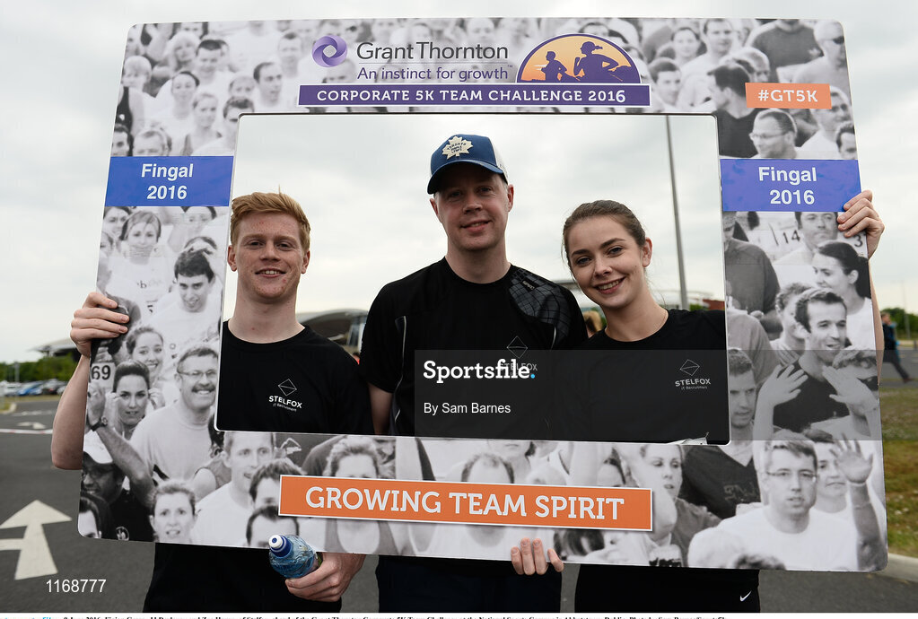 9 June 2016; Finian Green, JJ Derlaney and Zoe Horan, of Stelfox, ahead of the Grant Thornton Corporate 5K Team Challenge at the National Sports Campus in Abbotstown, Dublin. Photo by Sam Barnes/Sportsfile