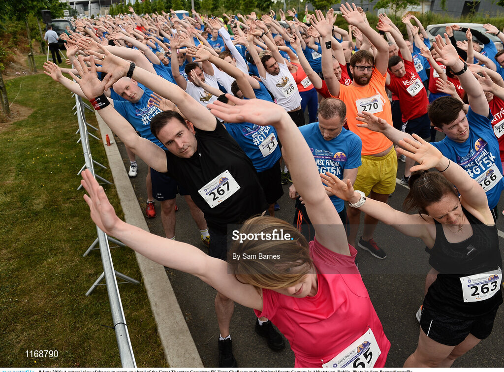 9 June 2016; A general view of the group warm up ahead of the Grant Thornton Corporate 5K Team Challenge at the National Sports Campus in Abbotstown, Dublin. Photo by Sam Barnes/Sportsfile