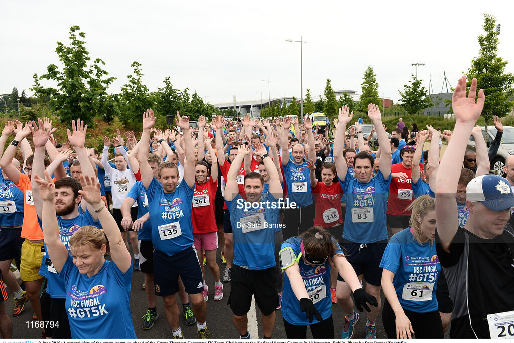 9 June 2016; A general view of the group warm up ahead of the Grant Thornton Corporate 5K Team Challenge at the National Sports Campus in Abbotstown, Dublin. Photo by Sam Barnes/Sportsfile