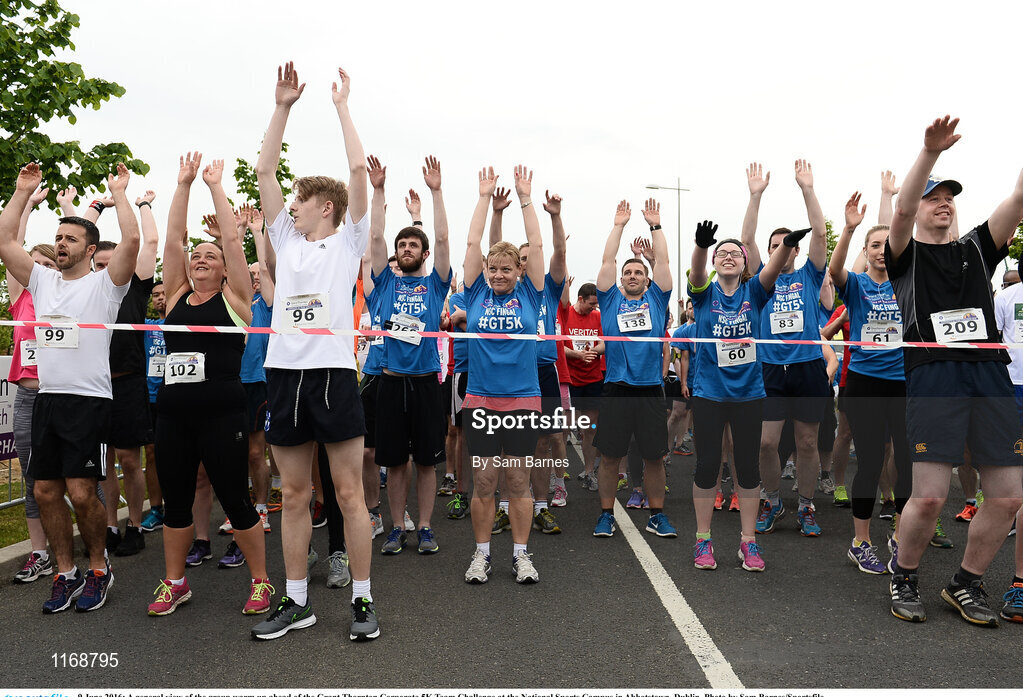 9 June 2016; A general view of the group warm up ahead of the Grant Thornton Corporate 5K Team Challenge at the National Sports Campus in Abbotstown, Dublin. Photo by Sam Barnes/Sportsfile