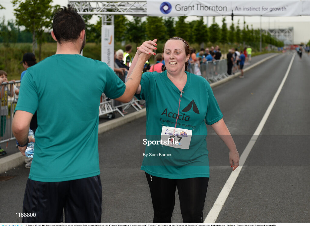 9 June 2016; Racers congratulate each other after competing in the Grant Thornton Corporate 5K Team Challenge at the National Sports Campus in Abbotstown, Dublin. Photo by Sam Barnes/Sportsfile