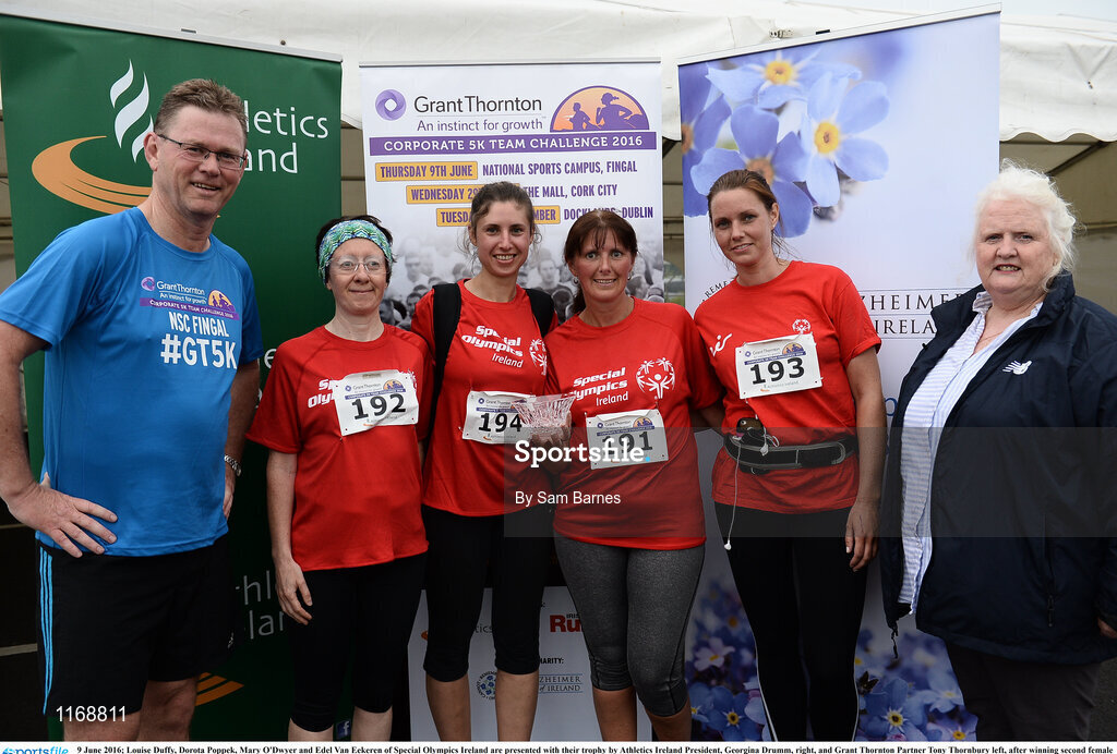 9 June 2016; Louise Duffy, Dorota Poppek, Mary O'Dwyer and Edel Van Eekeren of Special Olympics Ireland are presented with their trophy by Athletics Ireland President, Georgina Drumm, right, and Grant Thornton Partner Tony Thornbury left, after winning second female team with a combined time of 1:56:14 at the Grant Thornton Corporate 5K Team Challenge at the National Sports Campus in Abbotstown, Dublin. Photo by Sam Barnes/Sportsfile