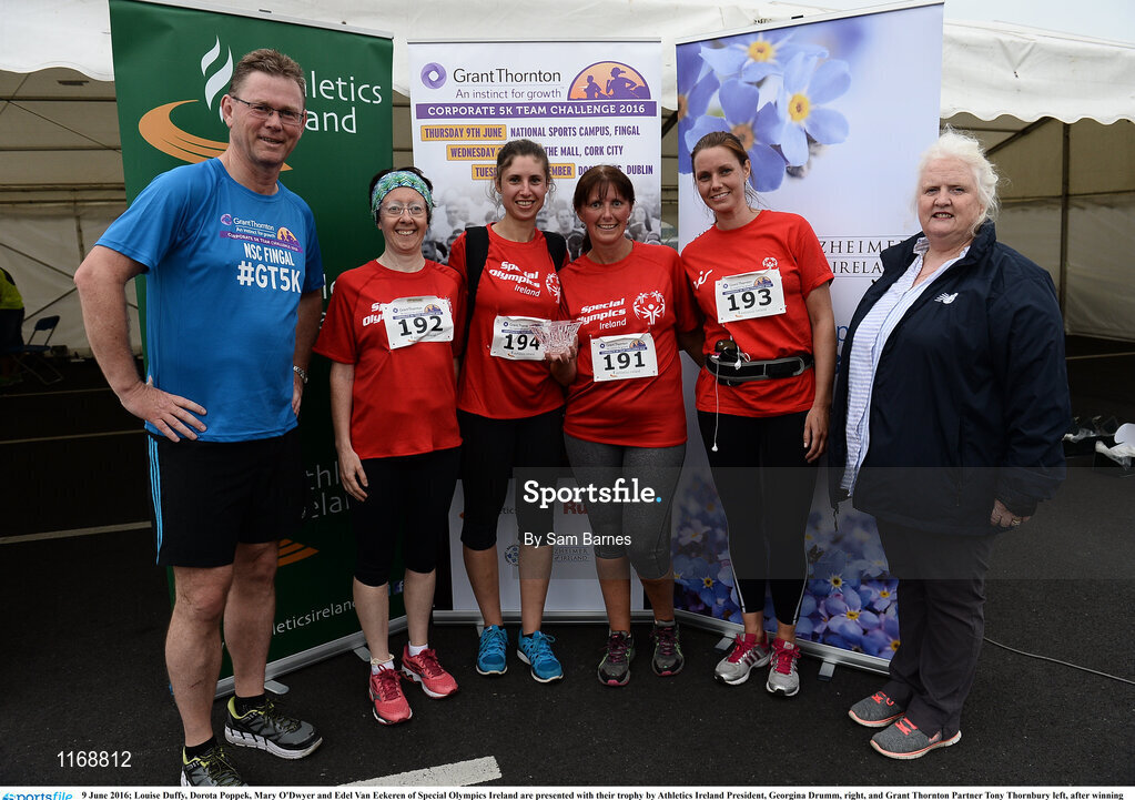 9 June 2016; Louise Duffy, Dorota Poppek, Mary O'Dwyer and Edel Van Eekeren of Special Olympics Ireland are presented with their trophy by Athletics Ireland President, Georgina Drumm, right, and Grant Thornton Partner Tony Thornbury left, after winning second female team with a combined time of 1:56:14 at the Grant Thornton Corporate 5K Team Challenge at the National Sports Campus in Abbotstown, Dublin. Photo by Sam Barnes/Sportsfile