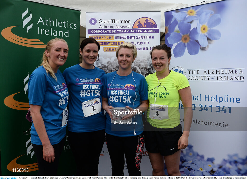 9 June 2016; Sinead Boland, Caroline Sloane, Ciara Willow and Aine Carney of Your Pace or Mine with their trophy after winning first female team with a combined time of 1:49:23 at the Grant Thornton Corporate 5K Team Challenge at the National Sports Campus in Abbotstown, Dublin. Photo by Sam Barnes/Sportsfile