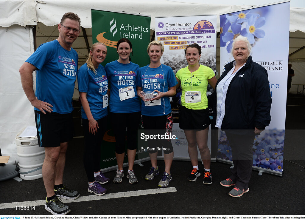 9 June 2016; Sinead Boland, Caroline Sloane, Ciara Willow and Aine Carney of Your Pace or Mine are presented with their trophy by Athletics Ireland President, Georgina Drumm, right, and Grant Thornton Partner Tony Thornbury left, after winning first female team with a combined time of 1:49:23 at the Grant Thornton Corporate 5K Team Challenge at the National Sports Campus in Abbotstown, Dublin. Photo by Sam Barnes/Sportsfile